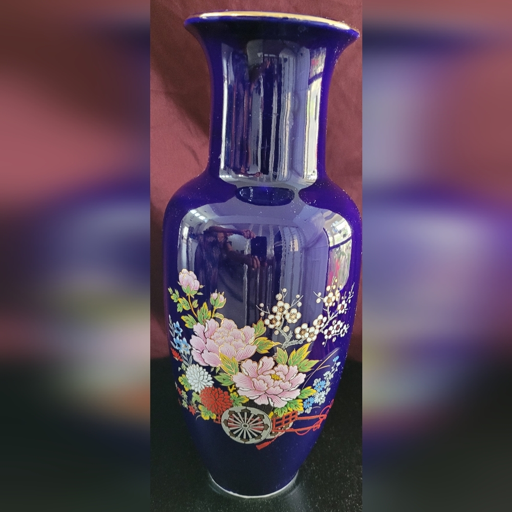 Cobalt Blue Kutani Vase, Japanese Rickshaw, Decorative  Flower cart 12.5"